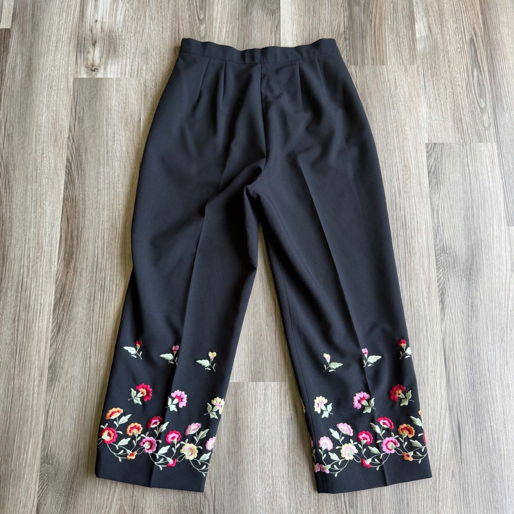Vintage Black Floral Embroidered Ankle Pants High Rise Straight Womens Sz 8 - Picture 6 of 6